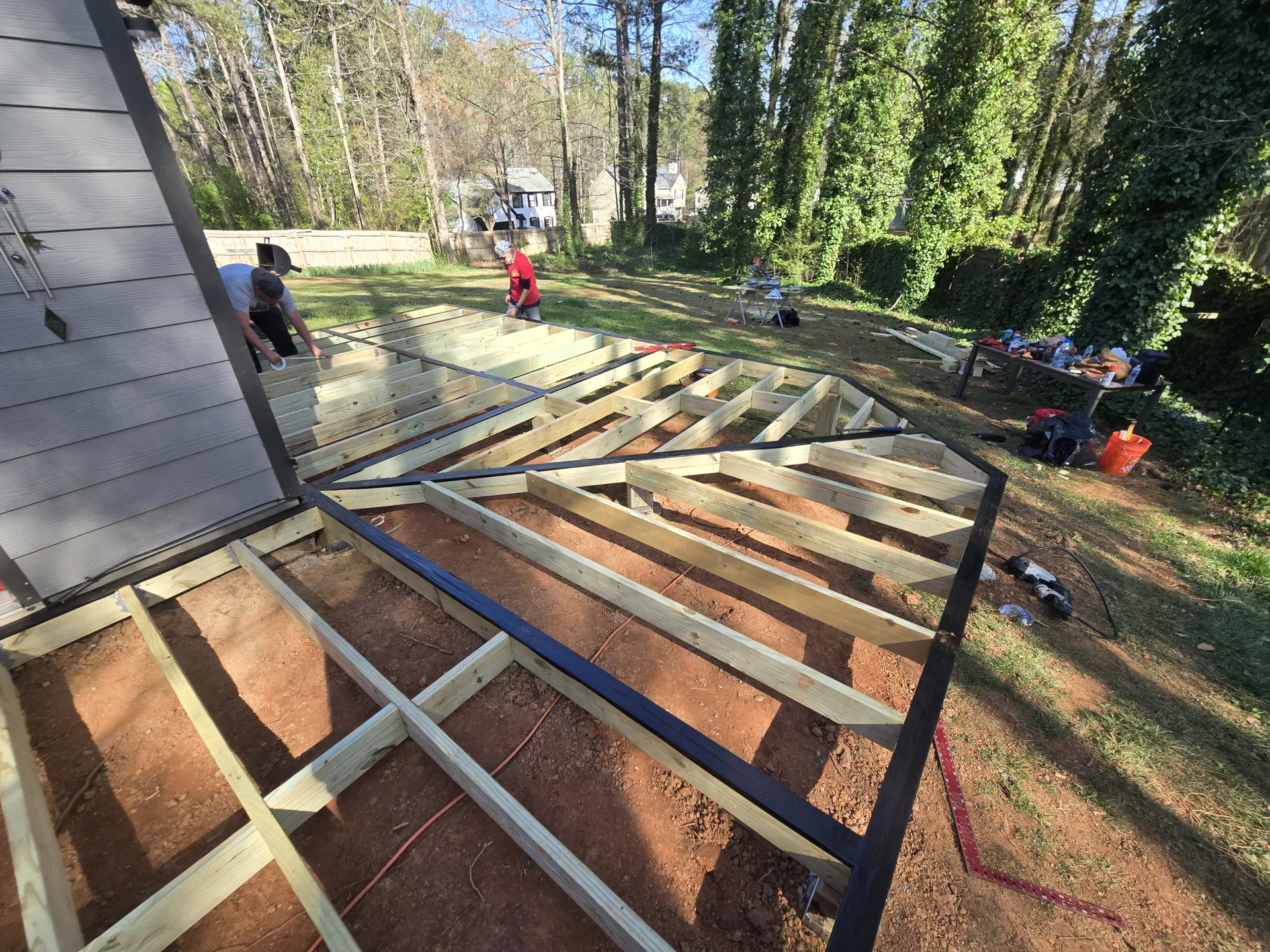 Large deck framing with complex angled joist layout
