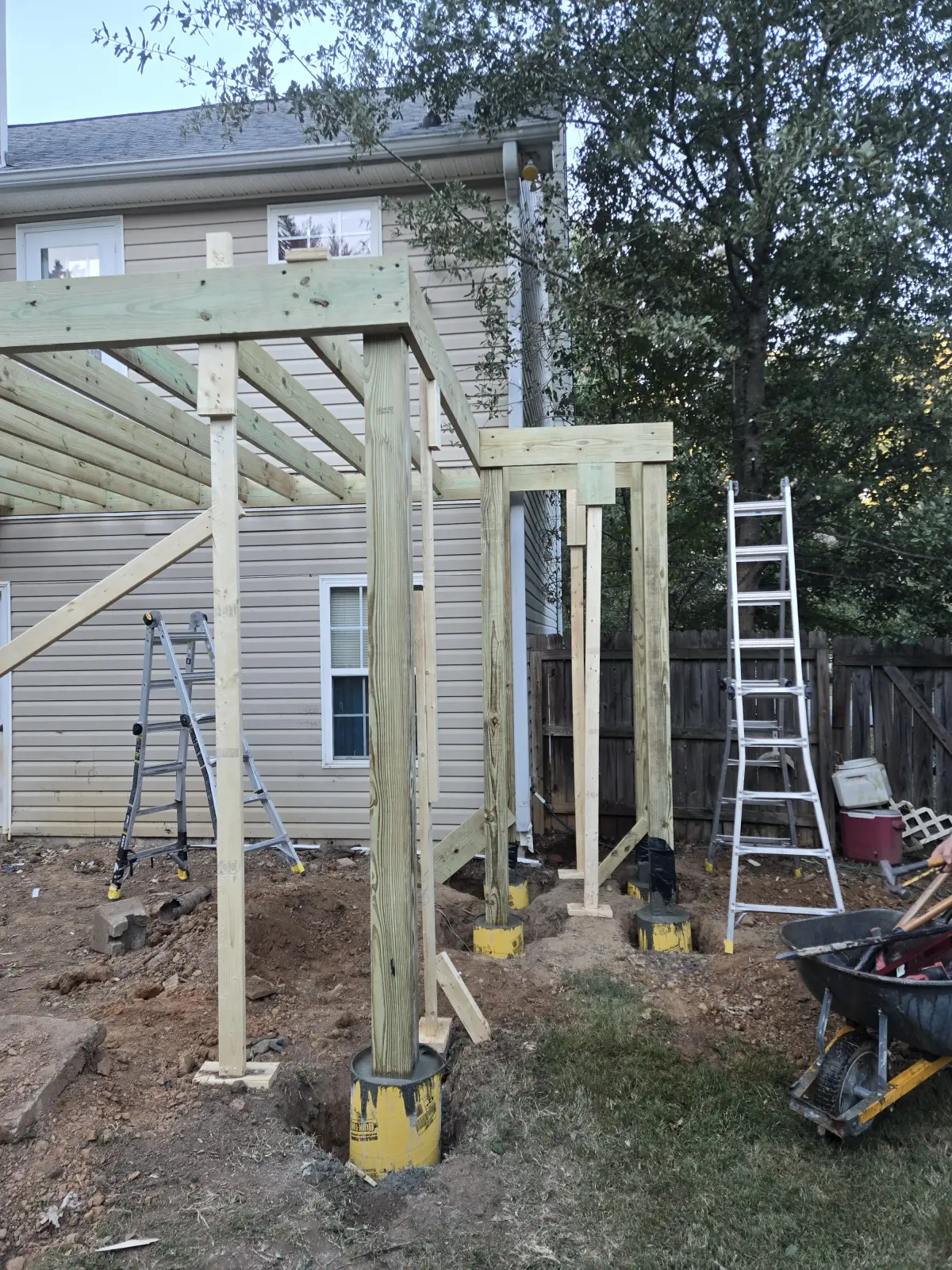 Deck framing and structure under construction showing professional installation